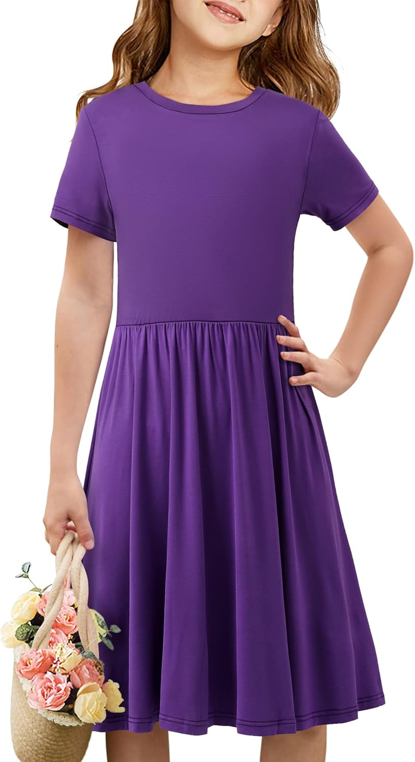 Girls Short Sleeve Dress Casual a Line Twirly Skater Dresses 4-13 Years