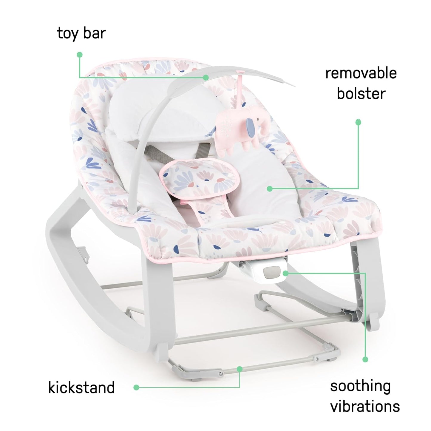 Keep Cozy 3-In-1 Grow with Me Vibrating Baby Bouncer Seat & Infant to Toddler Rocker, Vibrations & -Toy Bar, 0-30 Months up to 40 Lbs (Pink Burst)