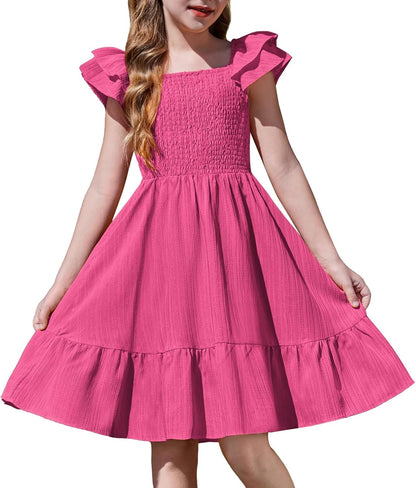 Girls Dresses Double Pleated Sleeve Square Neck off Shoulder with Pockets Tween Sundress Size 5-16
