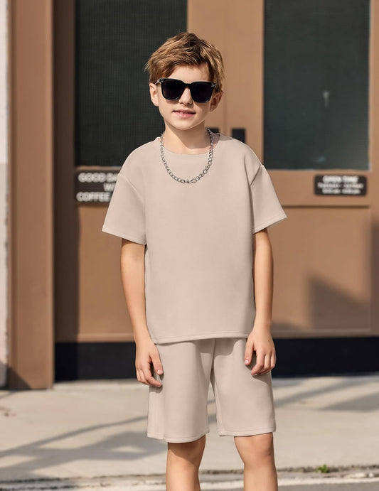 Boys Drop Shoulder T-Shirt and Drawstring Waist Shorts with Chain Necklace Summer Casual Outfits (5-12 Years)