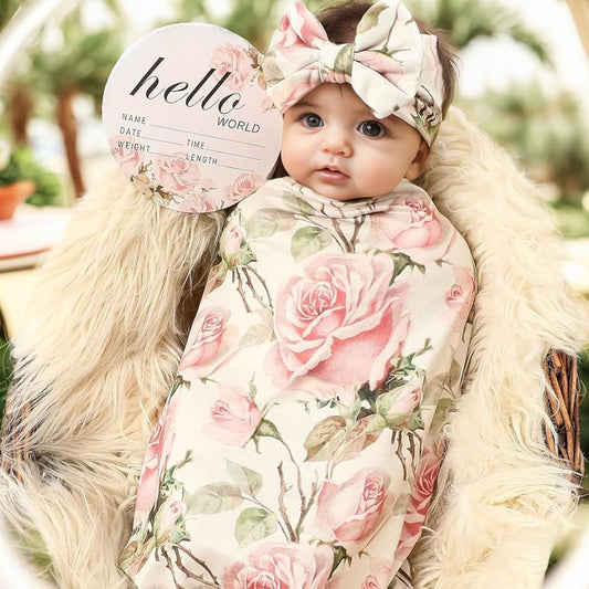 Newborn Receiving Blanket Headband Set Baby Flower Swaddle (Vintage Flower)