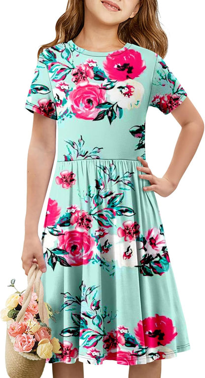 Girls Short Sleeve Dress Casual a Line Twirly Skater Dresses 4-13 Years