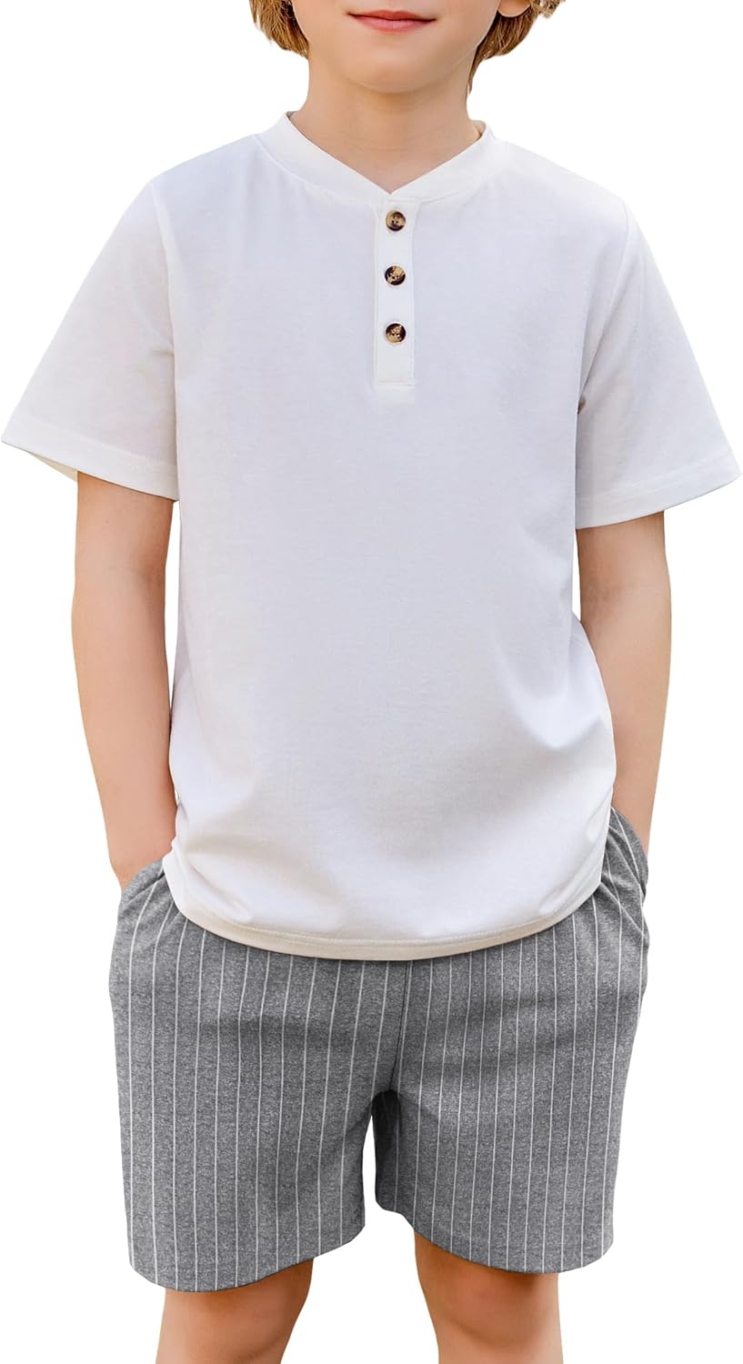 Boys Summer Clothing Sets 3-Button Short Sleeve Tee and Shorts Casual Outfits for 5-12 Years