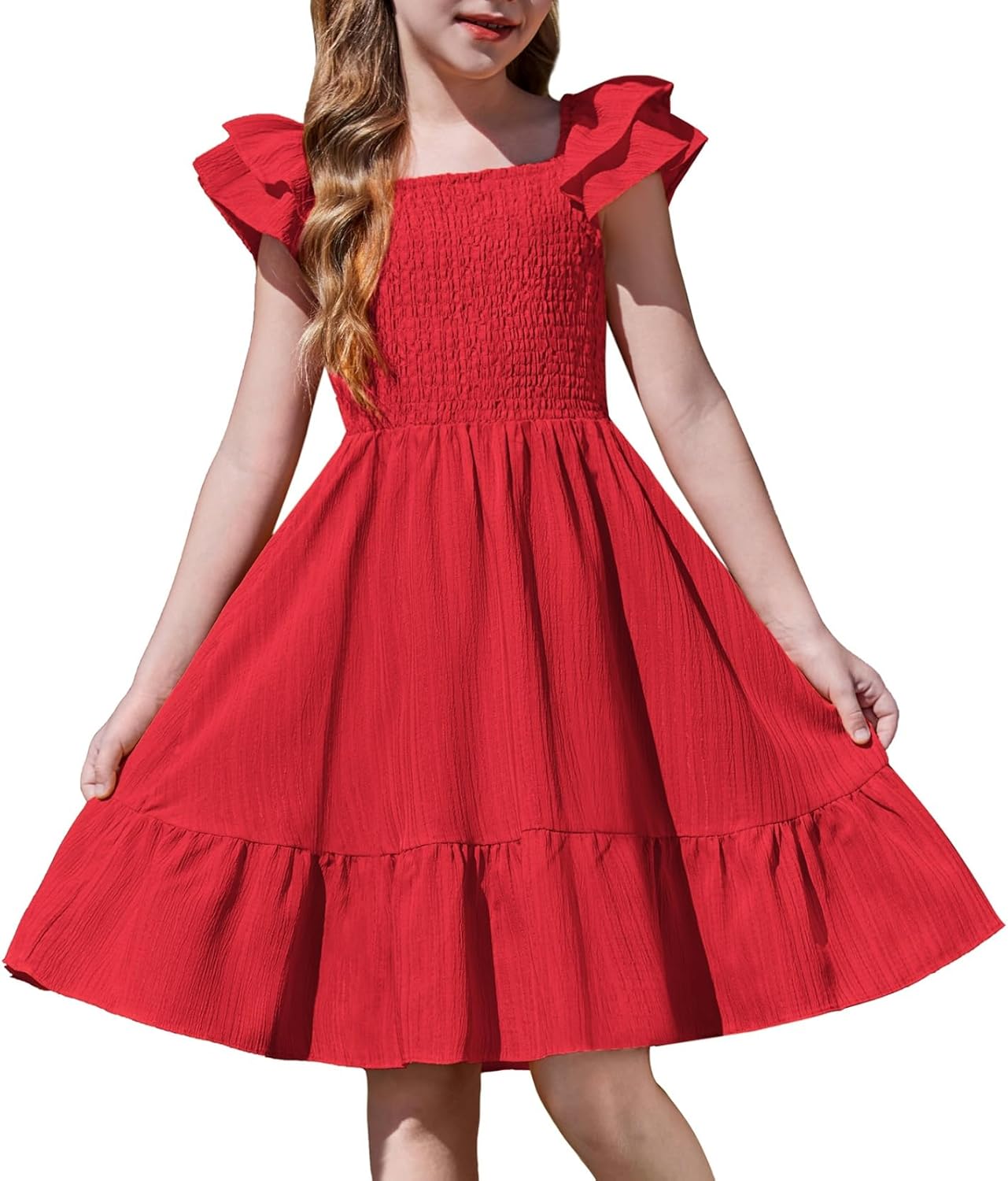Girls Dresses Double Pleated Sleeve Square Neck off Shoulder with Pockets Tween Sundress Size 5-16