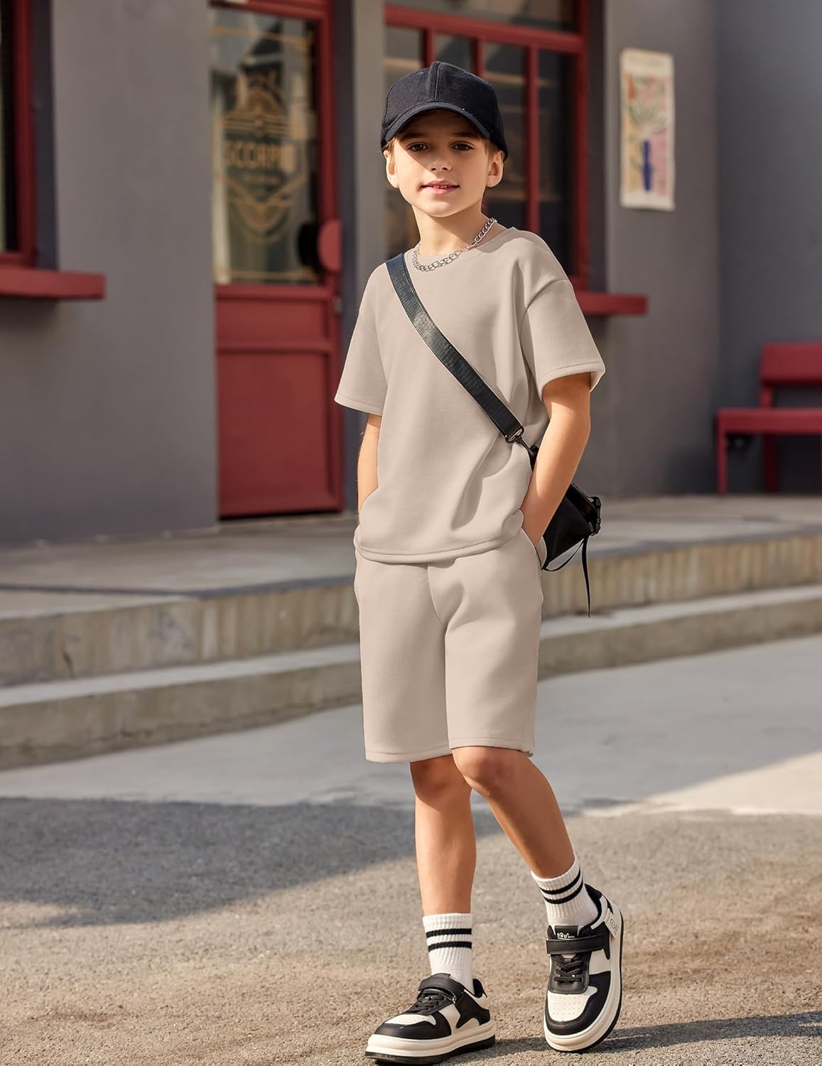 Boys Drop Shoulder T-Shirt and Drawstring Waist Shorts with Chain Necklace Summer Casual Outfits (5-12 Years)