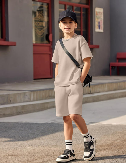 Boys Drop Shoulder T-Shirt and Drawstring Waist Shorts with Chain Necklace Summer Casual Outfits (5-12 Years)
