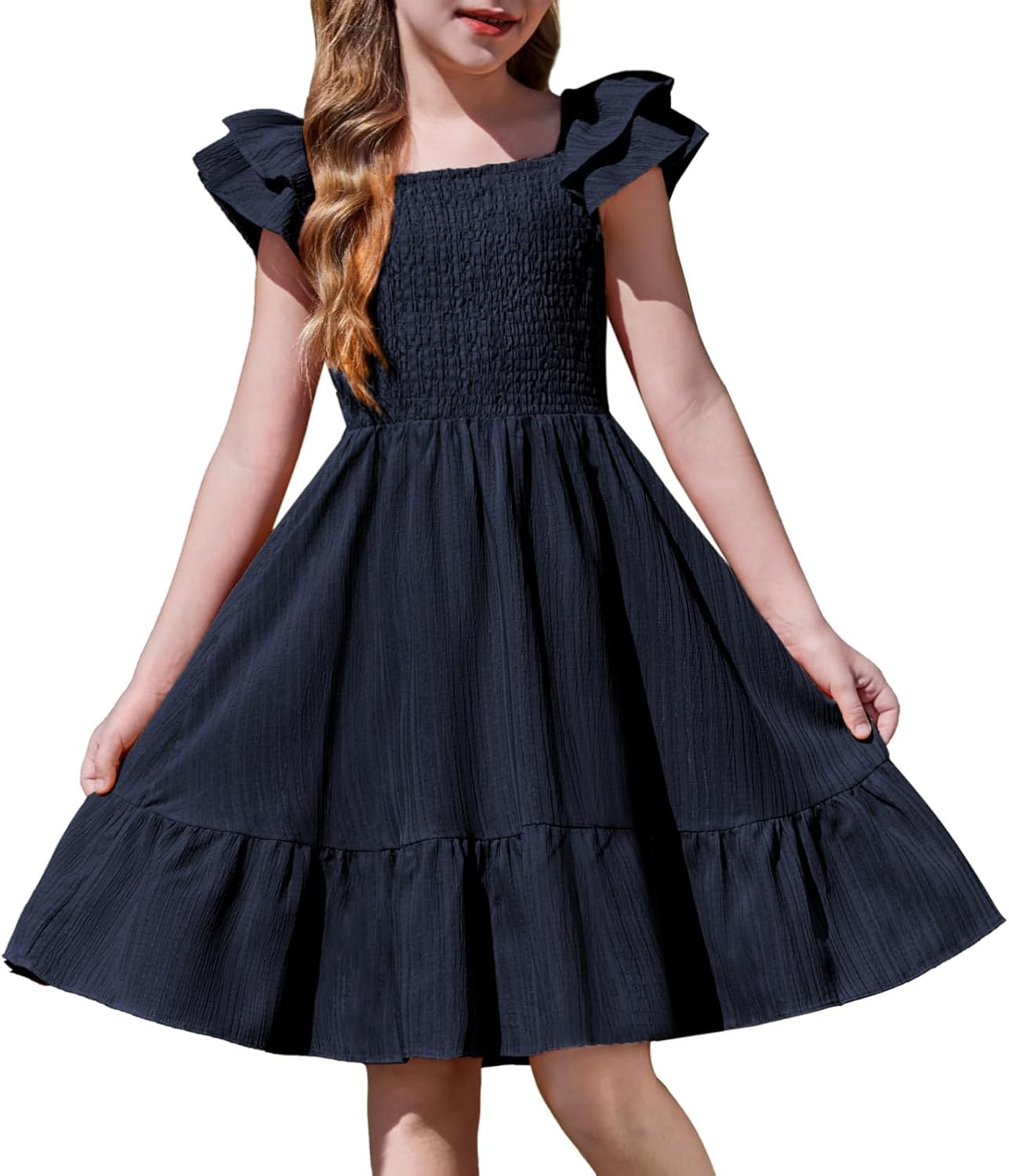 Girls Dresses Double Pleated Sleeve Square Neck off Shoulder with Pockets Tween Sundress Size 5-16