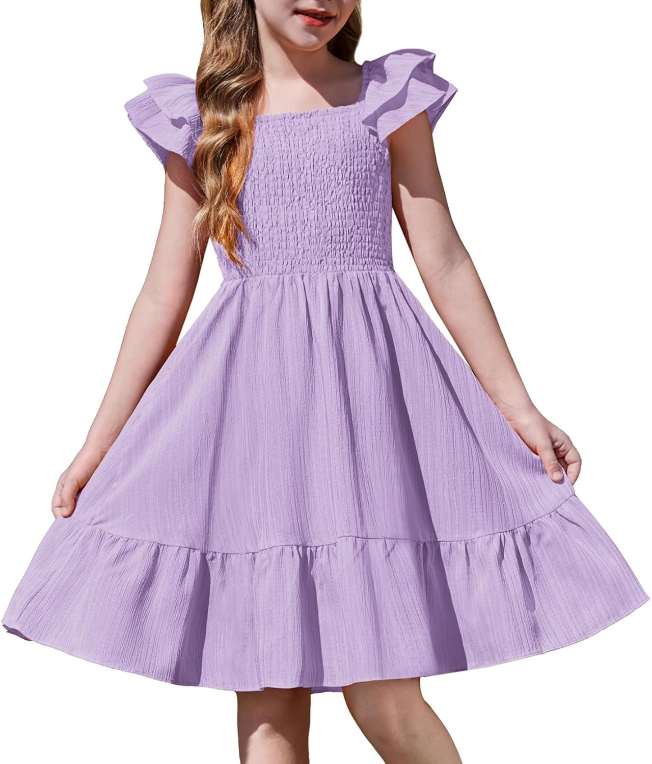Girls Dresses Double Pleated Sleeve Square Neck off Shoulder with Pockets Tween Sundress Size 5-16