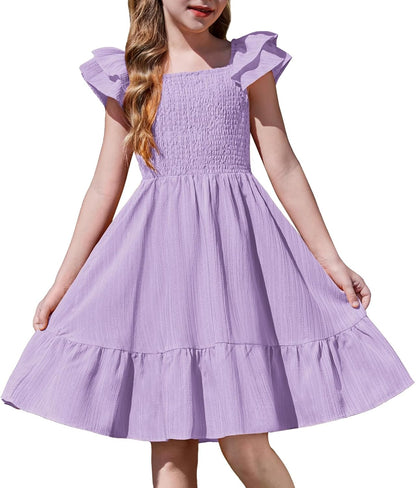 Girls Dresses Double Pleated Sleeve Square Neck off Shoulder with Pockets Tween Sundress Size 5-16