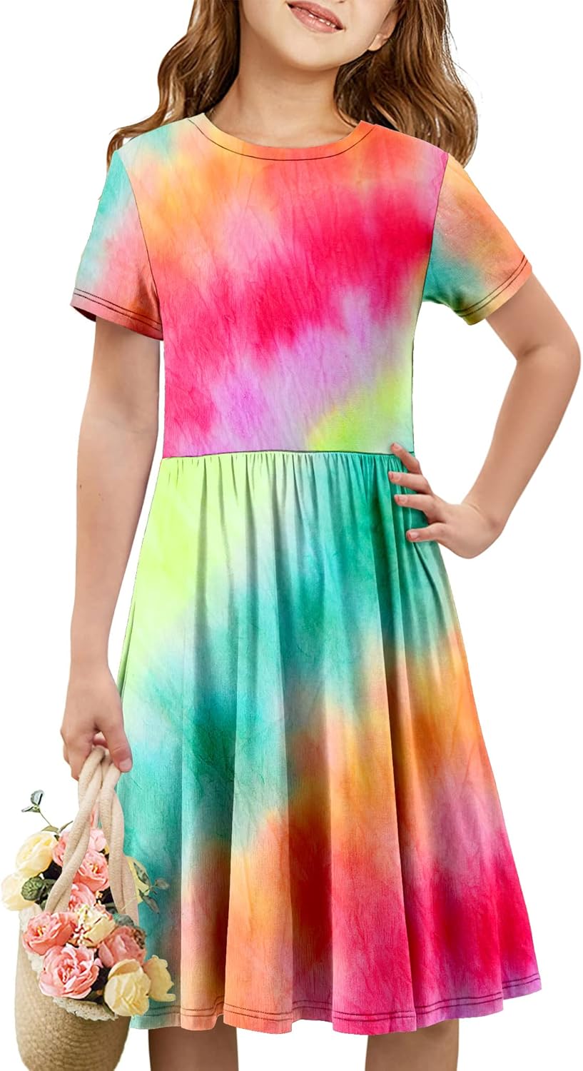 Girls Short Sleeve Dress Casual a Line Twirly Skater Dresses 4-13 Years