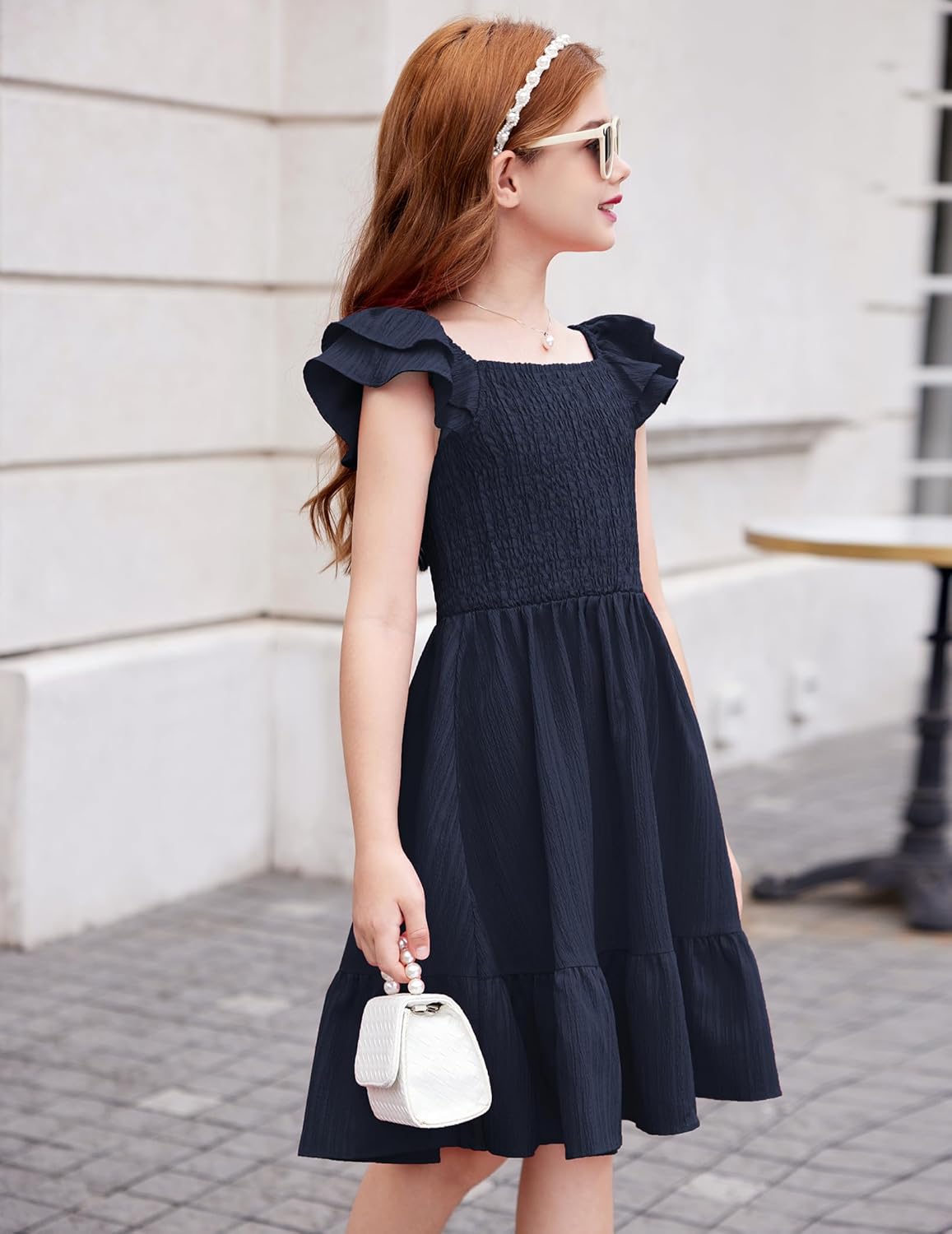 Girls Dresses Double Pleated Sleeve Square Neck off Shoulder with Pockets Tween Sundress Size 5-16