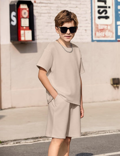 Boys Drop Shoulder T-Shirt and Drawstring Waist Shorts with Chain Necklace Summer Casual Outfits (5-12 Years)
