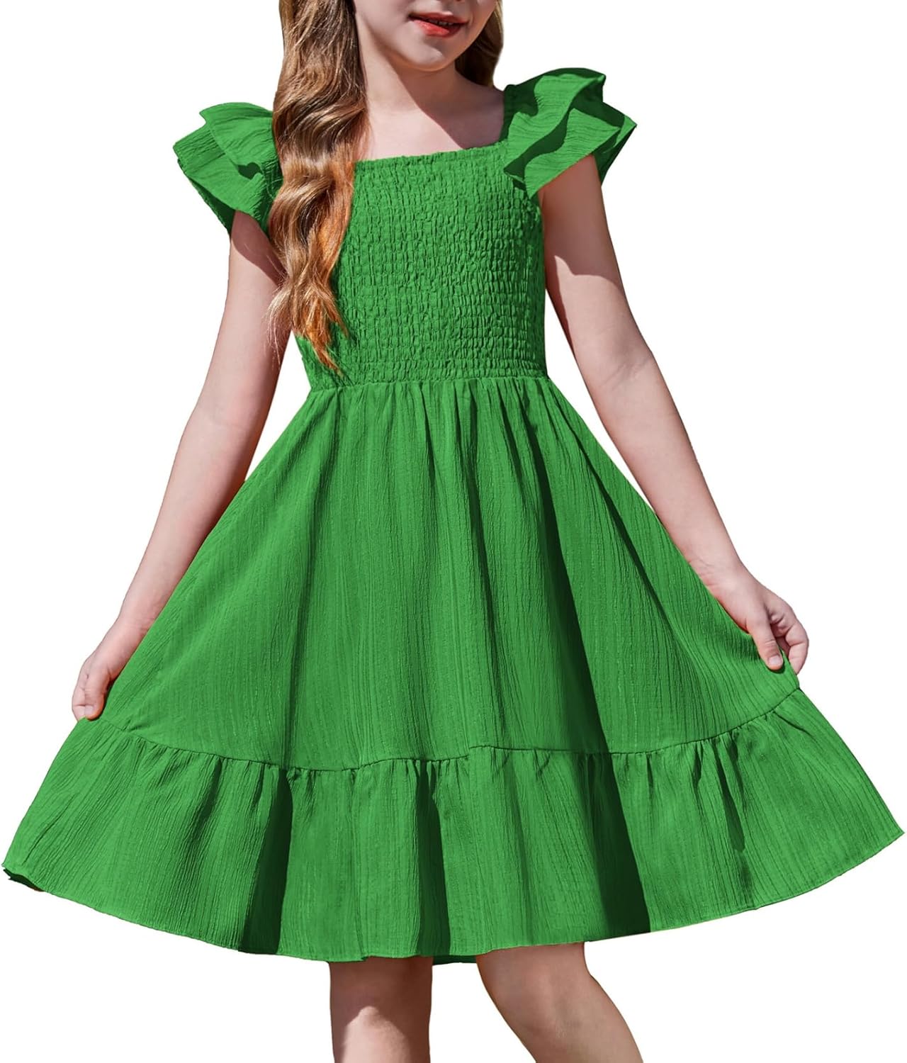 Girls Dresses Double Pleated Sleeve Square Neck off Shoulder with Pockets Tween Sundress Size 5-16