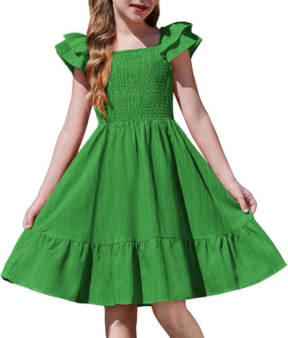 Girls Dresses Double Pleated Sleeve Square Neck off Shoulder with Pockets Tween Sundress Size 5-16
