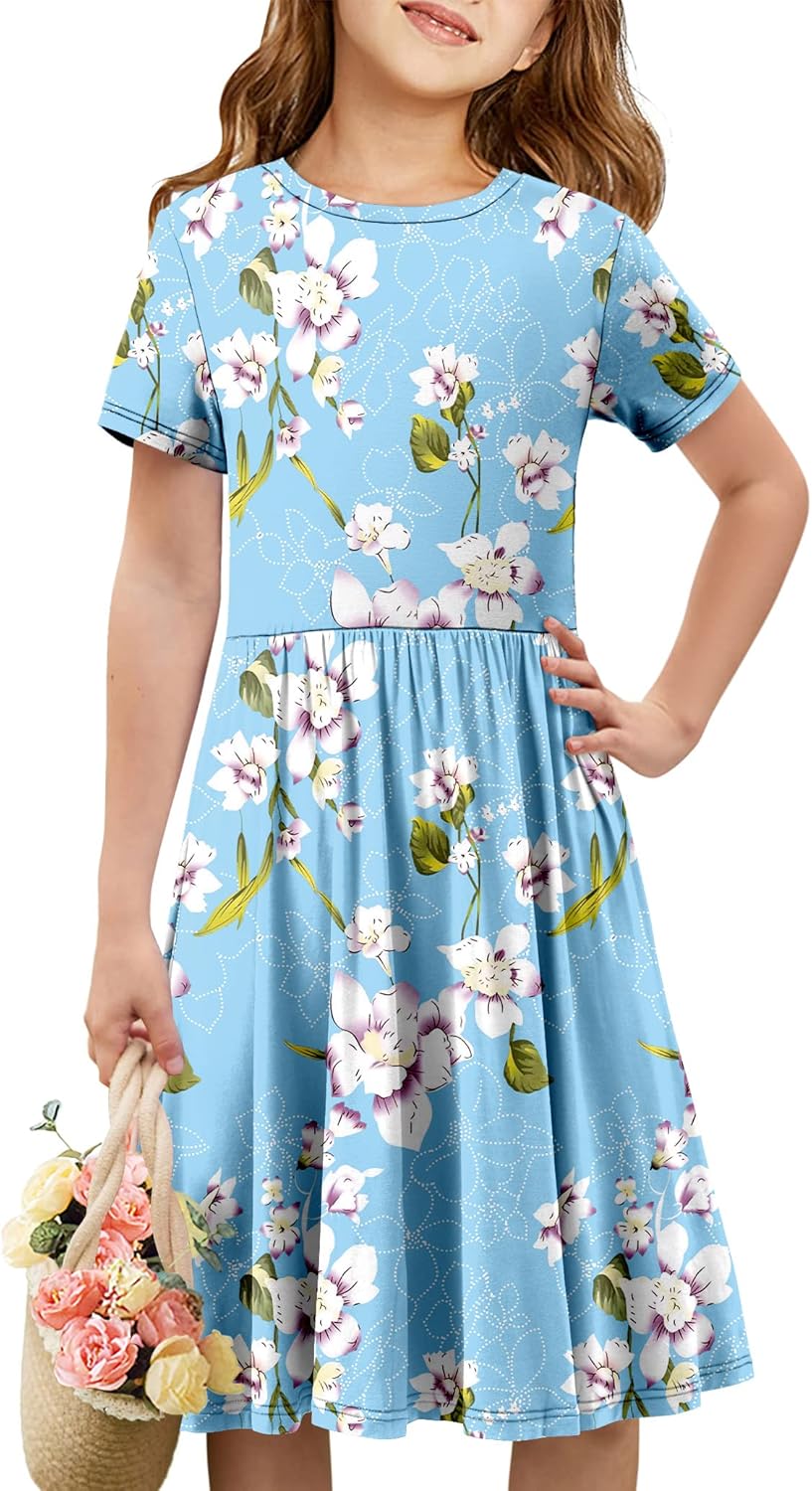 Girls Short Sleeve Dress Casual a Line Twirly Skater Dresses 4-13 Years