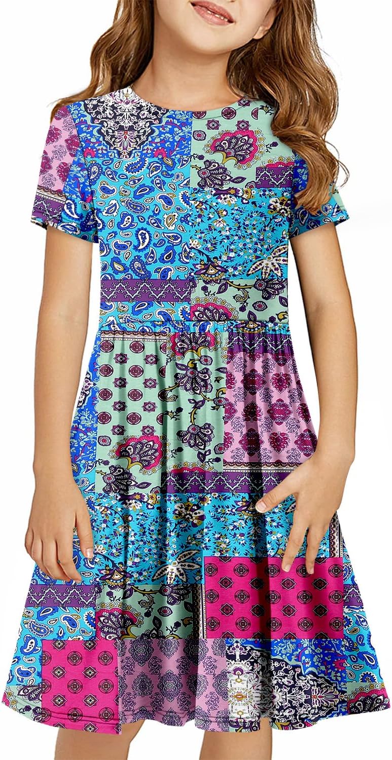 Girls Short Sleeve Dress Casual a Line Twirly Skater Dresses 4-13 Years