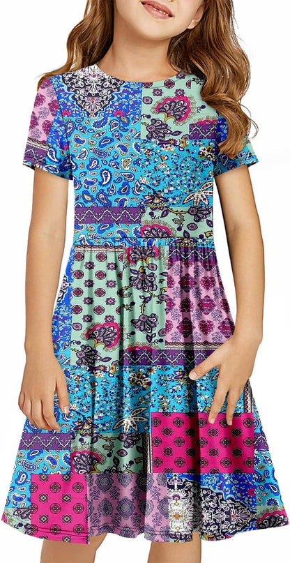 Girls Short Sleeve Dress Casual a Line Twirly Skater Dresses 4-13 Years