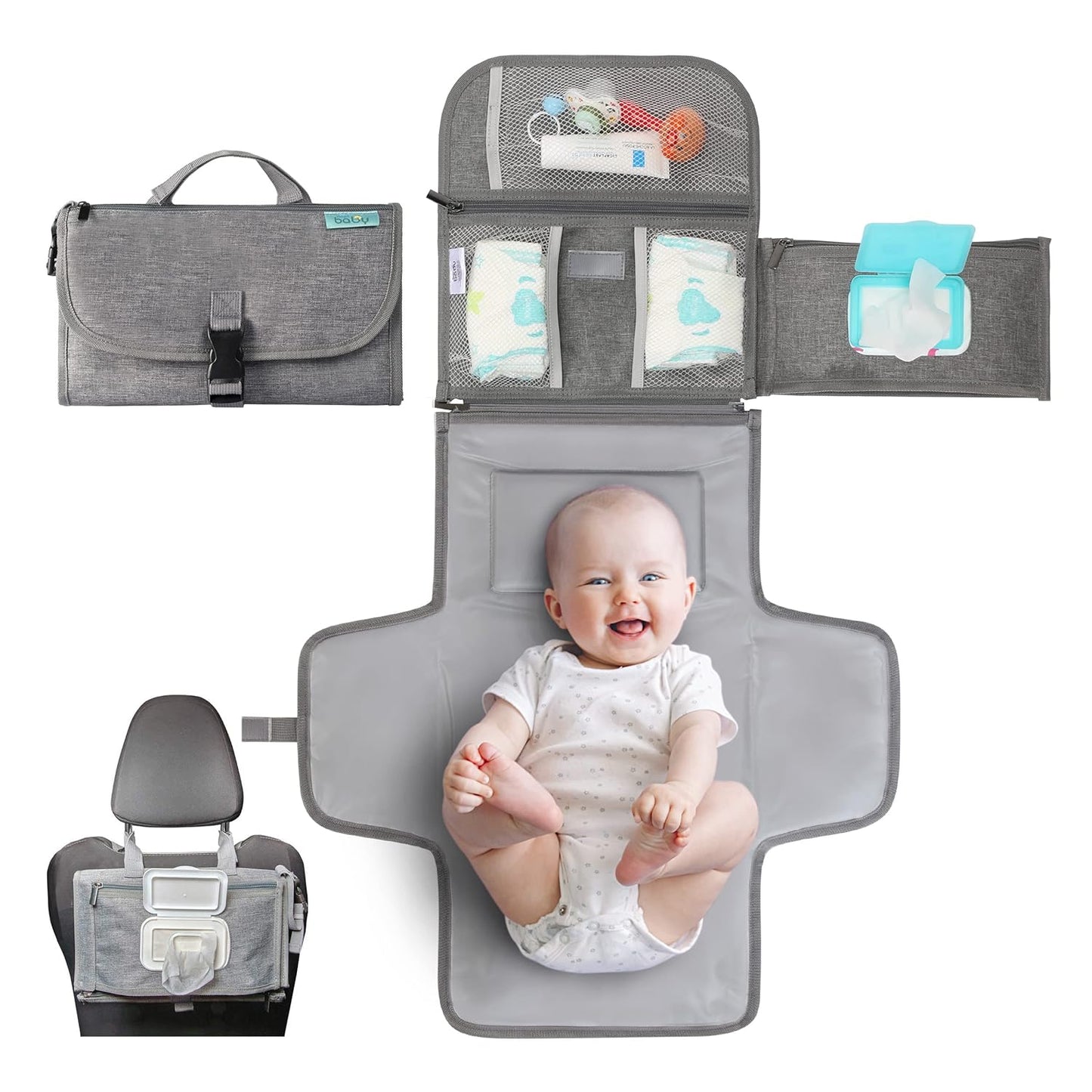 Portable Diaper Changing Pad - Baby Diaper Changer Travel Bag with Wipes Pocket, Smart Design Portable Changing Mat, Infant Travel Station Kit, Gift for Newborn Girl & Boy - Grey, Classic
