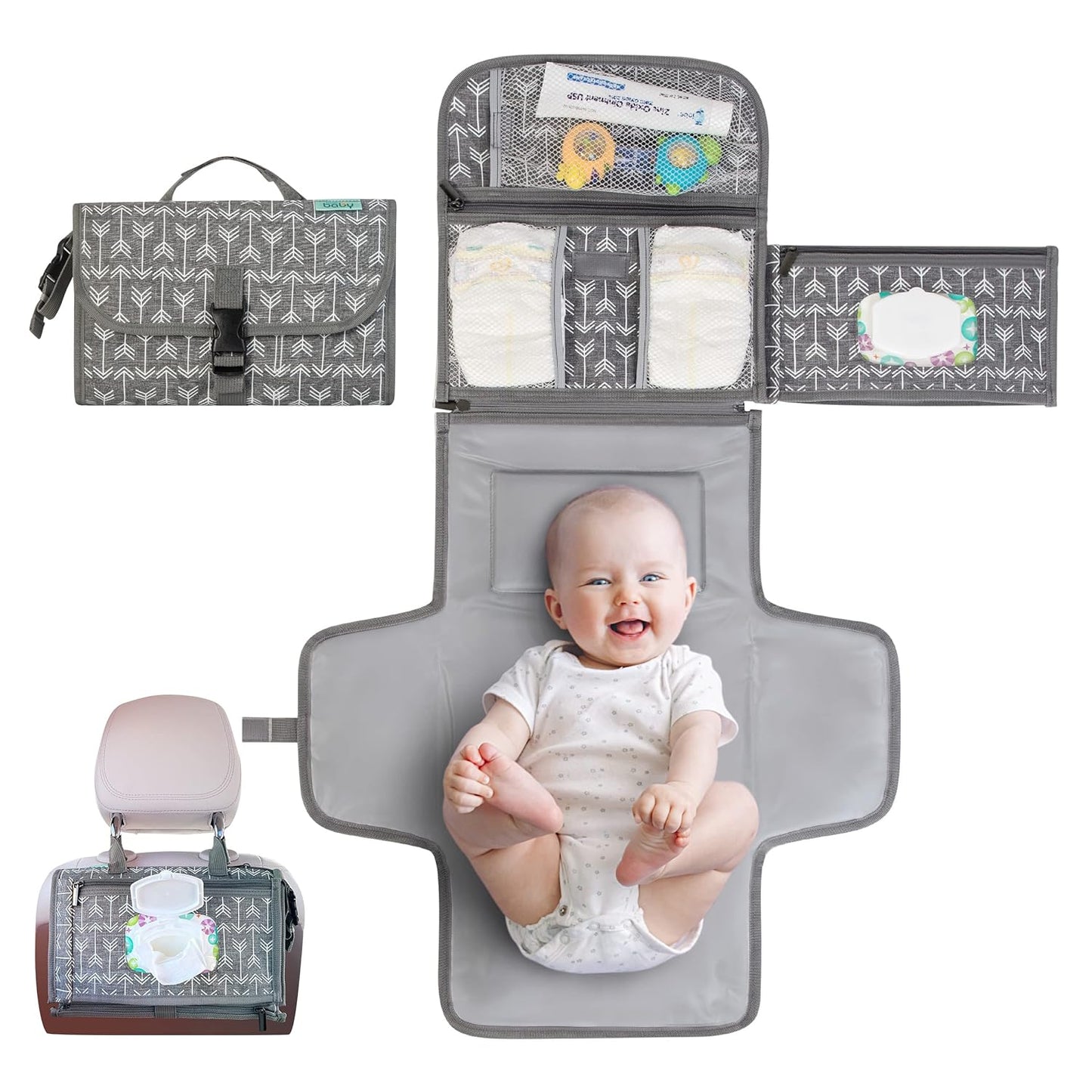 Portable Diaper Changing Pad - Baby Diaper Changer Travel Bag with Wipes Pocket, Smart Design Portable Changing Mat, Infant Travel Station Kit, Gift for Newborn Girl & Boy - Grey, Classic