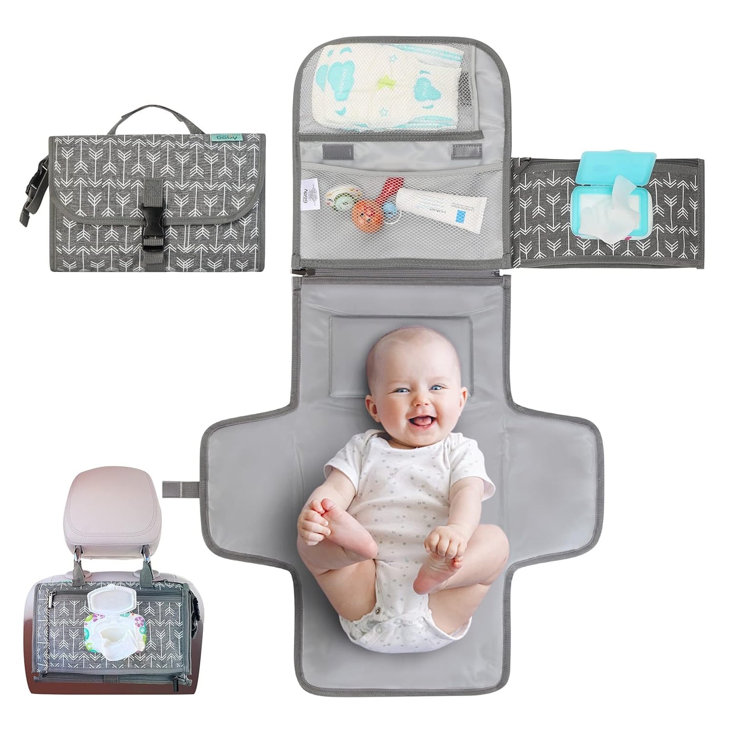 Portable Diaper Changing Pad - Baby Diaper Changer Travel Bag with Wipes Pocket, Smart Design Portable Changing Mat, Infant Travel Station Kit, Gift for Newborn Girl & Boy - Grey, Classic
