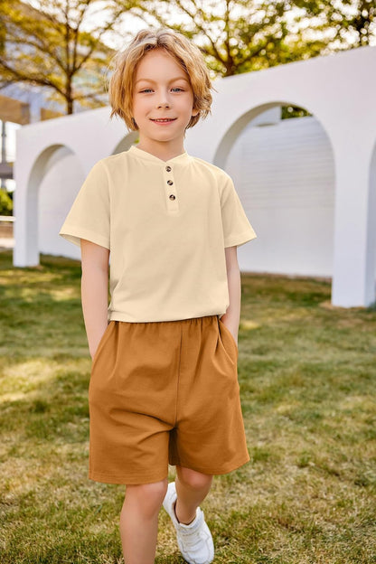 Boys Summer Clothing Sets 3-Button Short Sleeve Tee and Shorts Casual Outfits for 5-12 Years