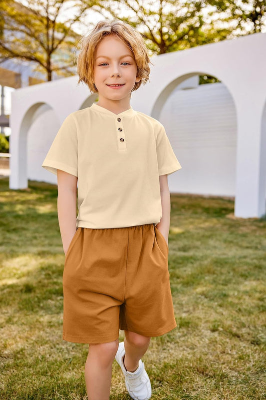 Boys Summer Clothing Sets 3-Button Short Sleeve Tee and Shorts Casual Outfits for 5-12 Years
