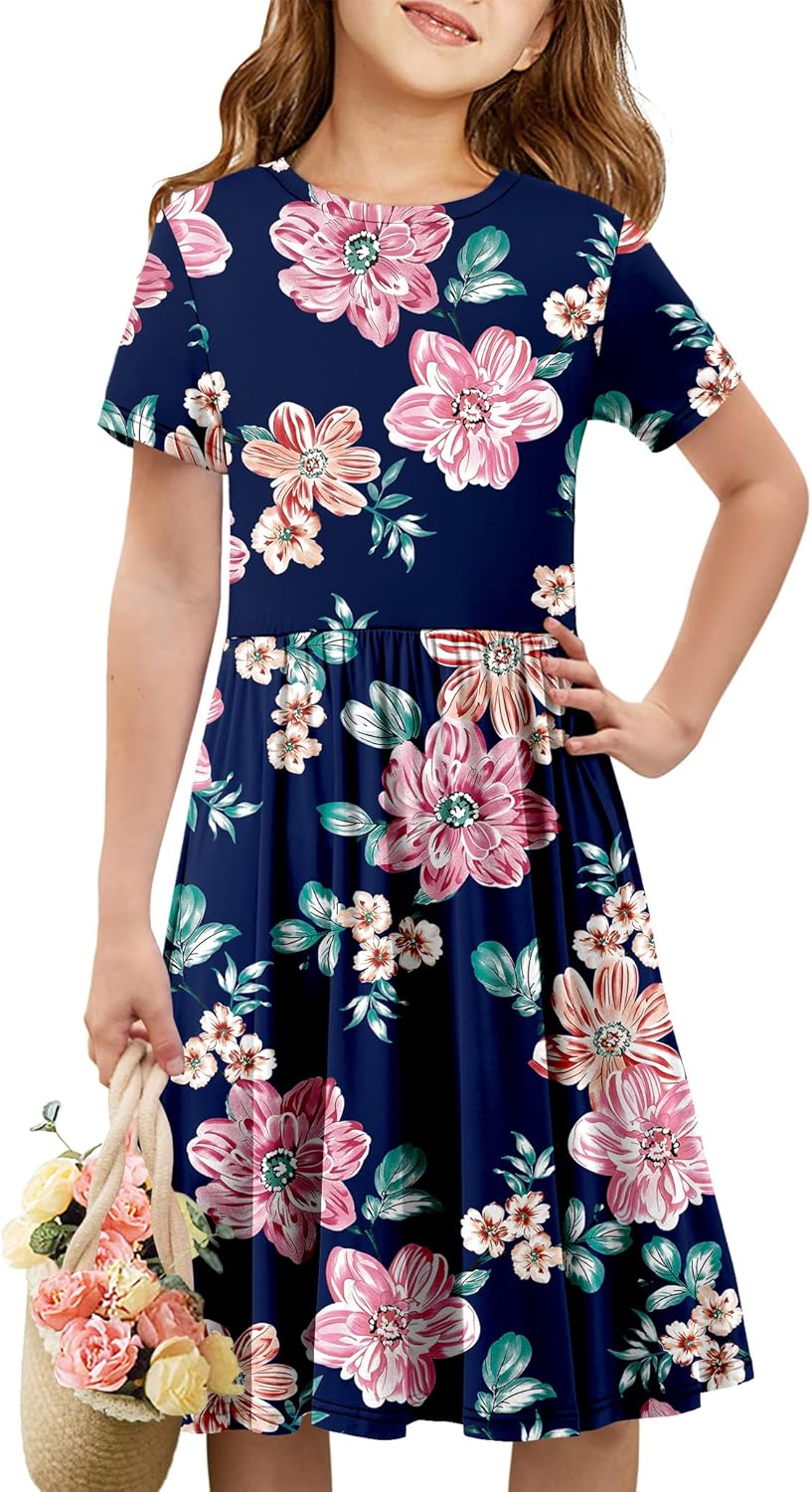 Girls Short Sleeve Dress Casual a Line Twirly Skater Dresses 4-13 Years