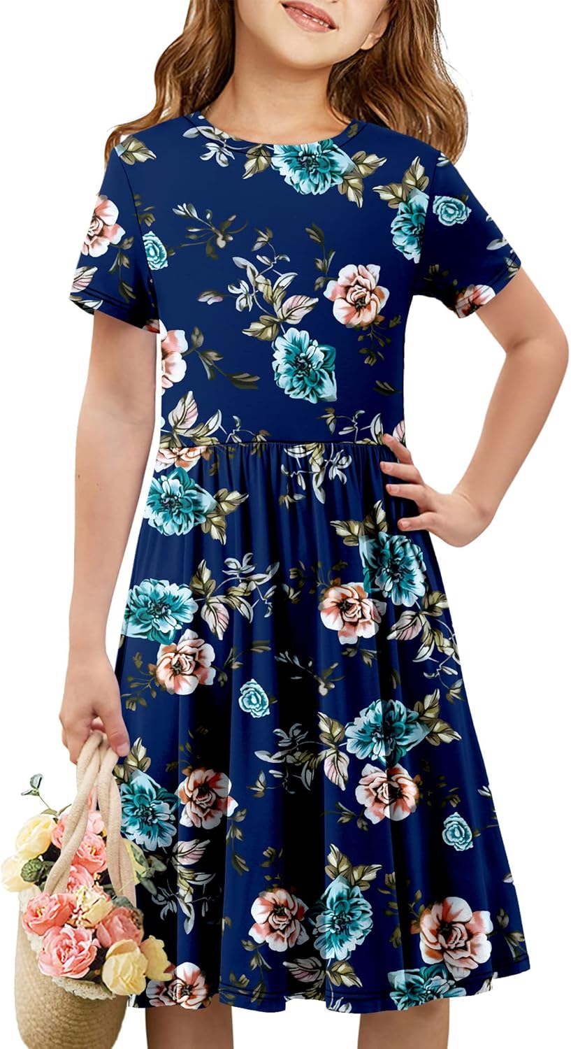 Girls Short Sleeve Dress Casual a Line Twirly Skater Dresses 4-13 Years
