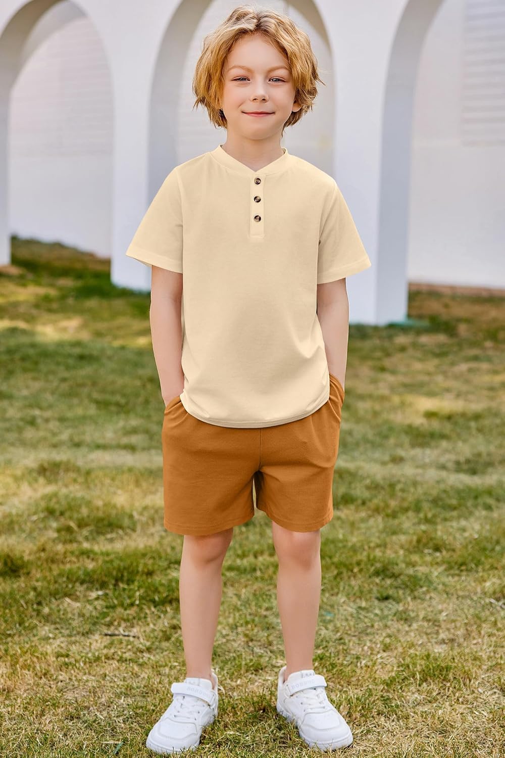 Boys Summer Clothing Sets 3-Button Short Sleeve Tee and Shorts Casual Outfits for 5-12 Years