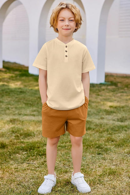 Boys Summer Clothing Sets 3-Button Short Sleeve Tee and Shorts Casual Outfits for 5-12 Years