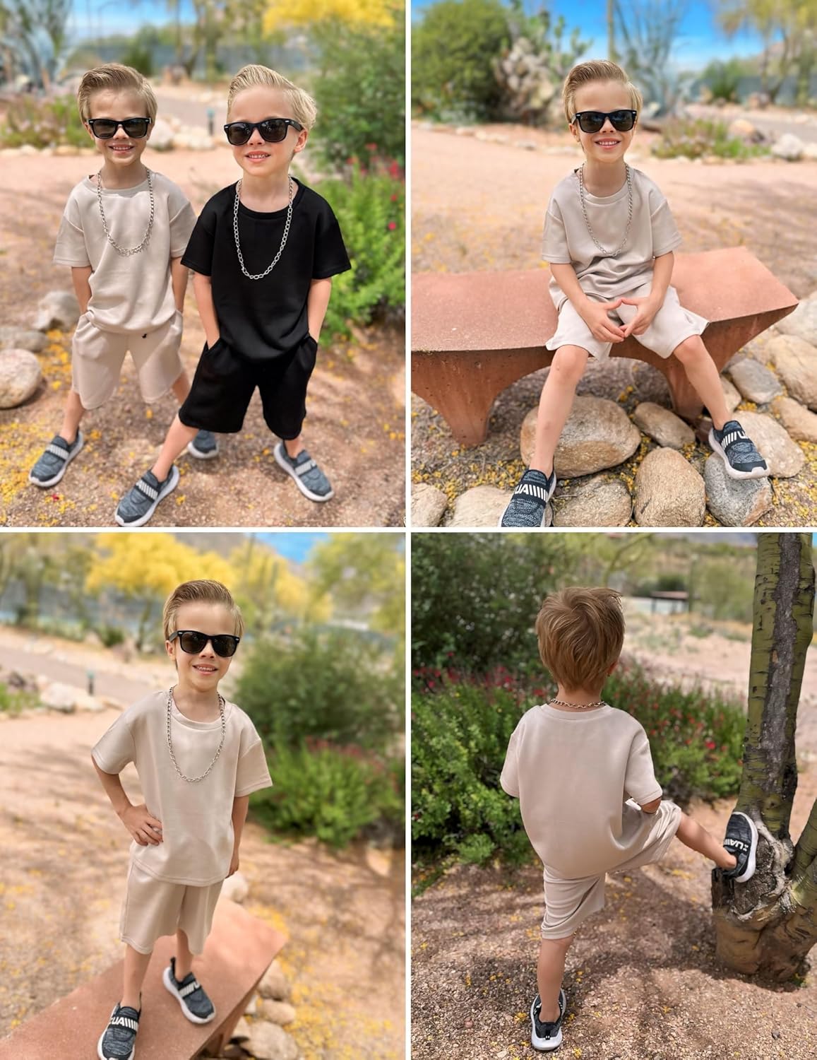 Boys Drop Shoulder T-Shirt and Drawstring Waist Shorts with Chain Necklace Summer Casual Outfits (5-12 Years)