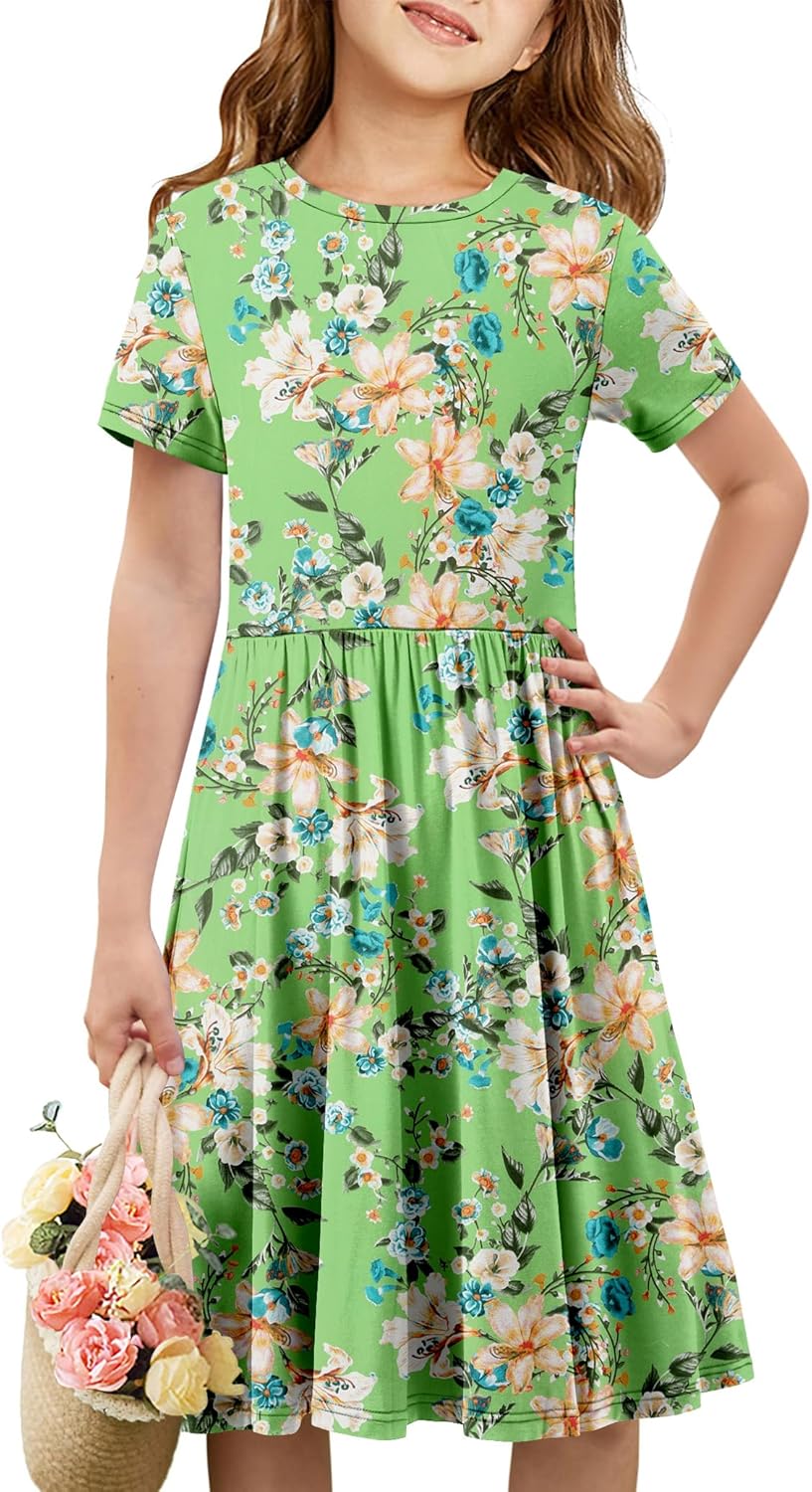Girls Short Sleeve Dress Casual a Line Twirly Skater Dresses 4-13 Years