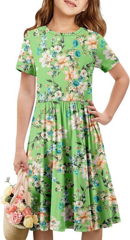 Girls Short Sleeve Dress Casual a Line Twirly Skater Dresses 4-13 Years
