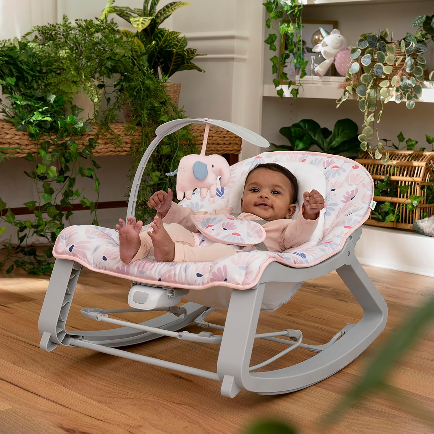Keep Cozy 3-In-1 Grow with Me Vibrating Baby Bouncer Seat & Infant to Toddler Rocker, Vibrations & -Toy Bar, 0-30 Months up to 40 Lbs (Pink Burst)
