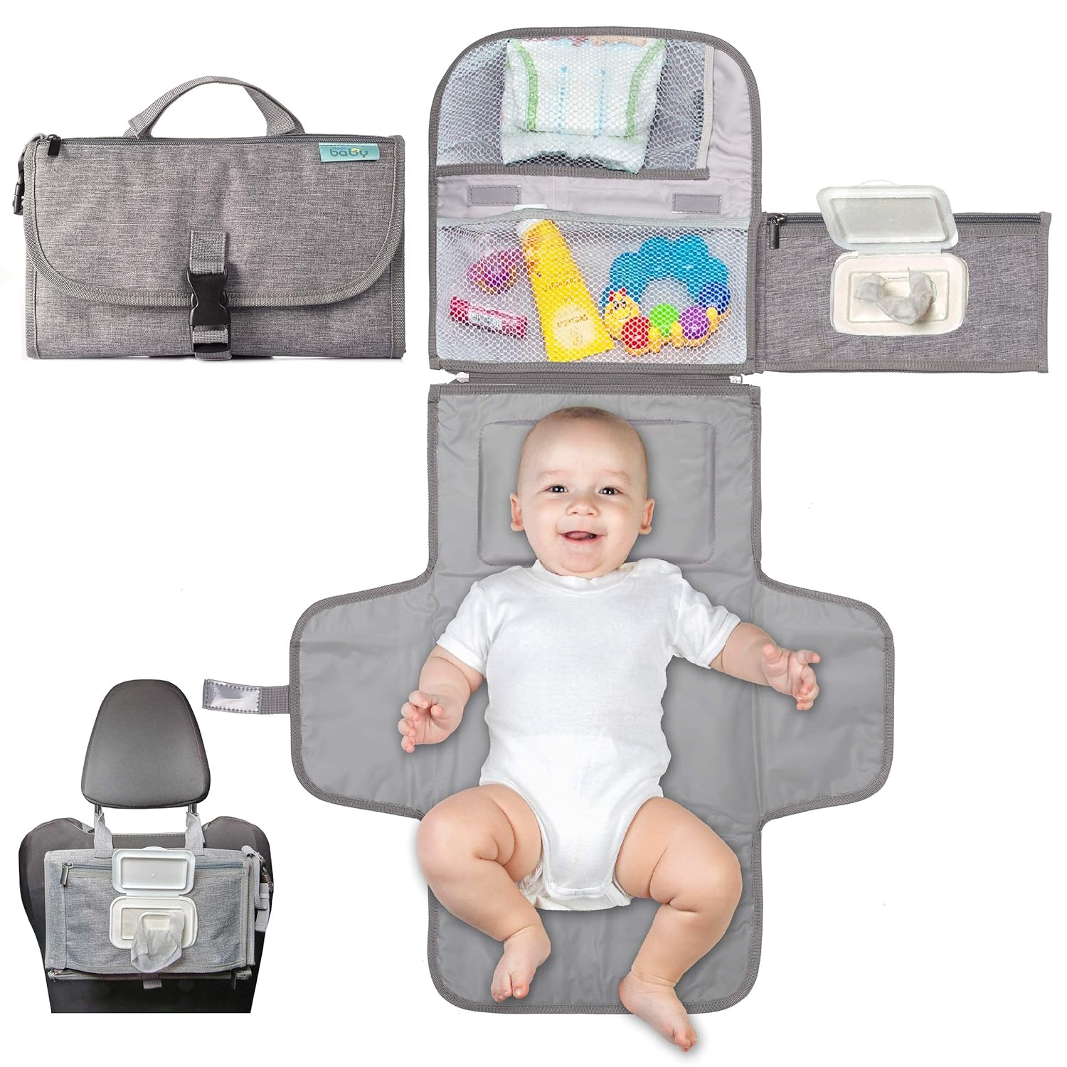 Portable Diaper Changing Pad - Baby Diaper Changer Travel Bag with Wipes Pocket, Smart Design Portable Changing Mat, Infant Travel Station Kit, Gift for Newborn Girl & Boy - Grey, Classic