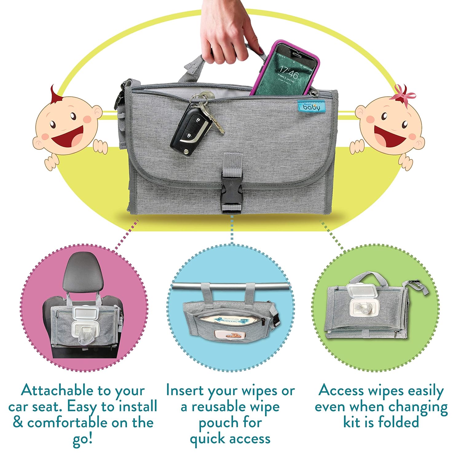 Portable Diaper Changing Pad - Baby Diaper Changer Travel Bag with Wipes Pocket, Smart Design Portable Changing Mat, Infant Travel Station Kit, Gift for Newborn Girl & Boy - Grey, Classic