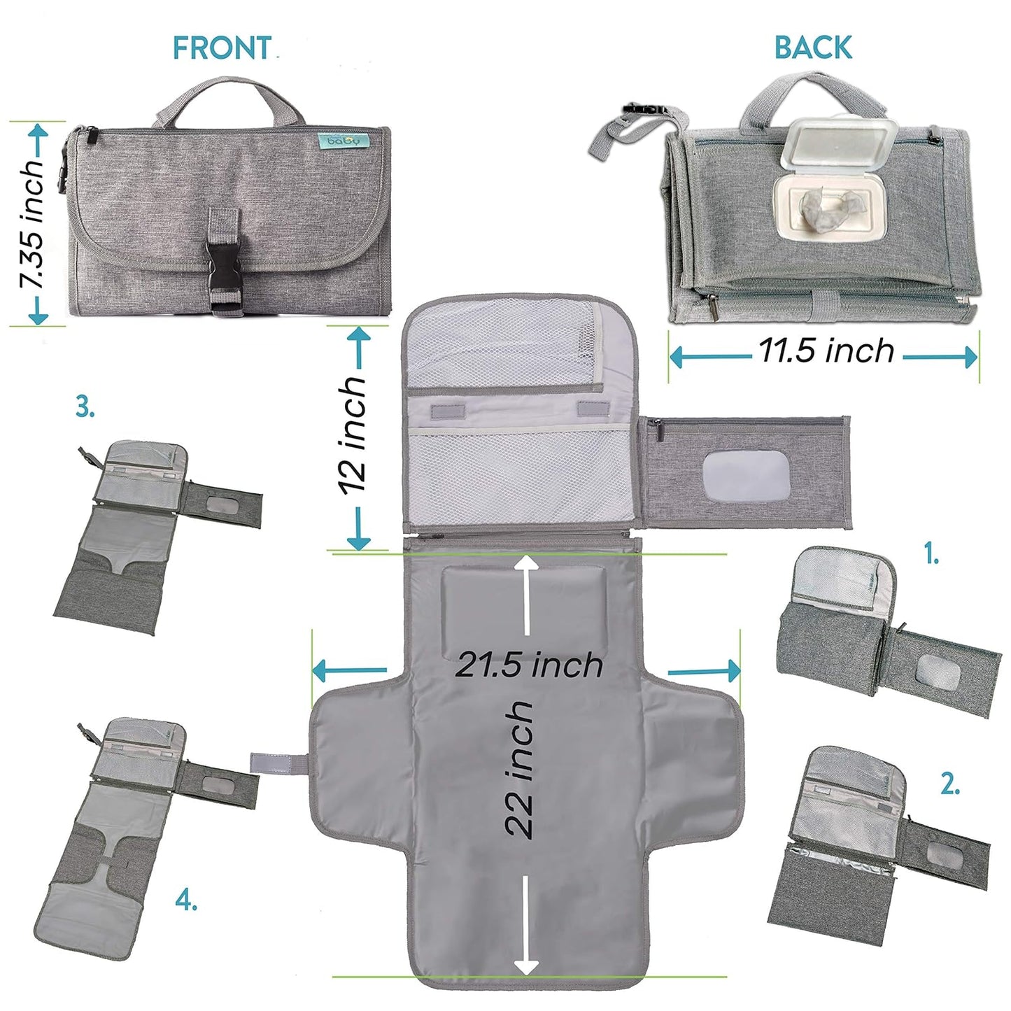 Portable Diaper Changing Pad - Baby Diaper Changer Travel Bag with Wipes Pocket, Smart Design Portable Changing Mat, Infant Travel Station Kit, Gift for Newborn Girl & Boy - Grey, Classic